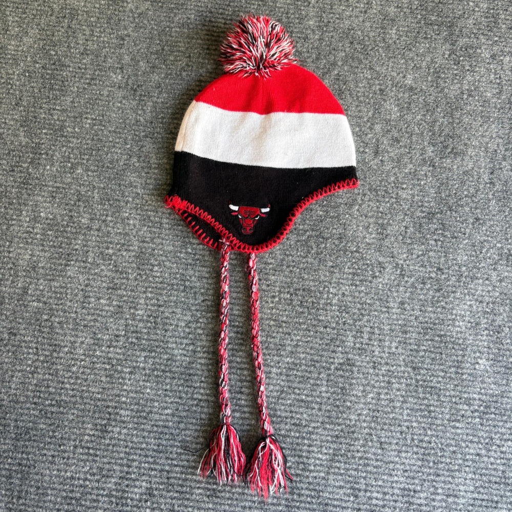 2014 Adidas Chicago Bulls NBA Earflap Beanie Hat Red White Black Pom Tassel